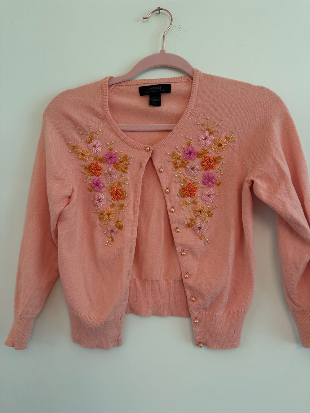 Express Peach Pink Embroidered Pearl-Button Cardigan